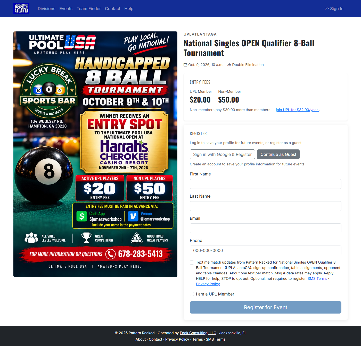 Tournament player registration form with an unchecked SMS opt-in box under the phone field