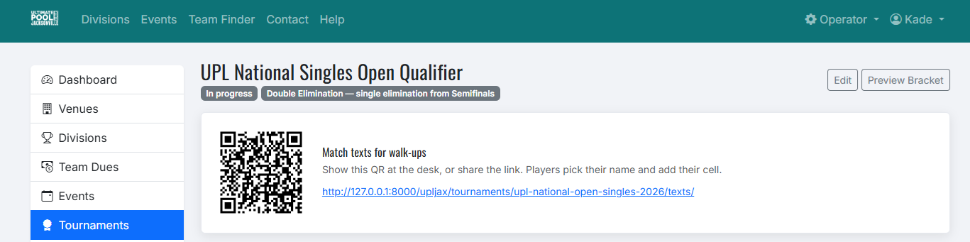 Tournament manage page card showing the QR code that links to the walk-up sign-up page