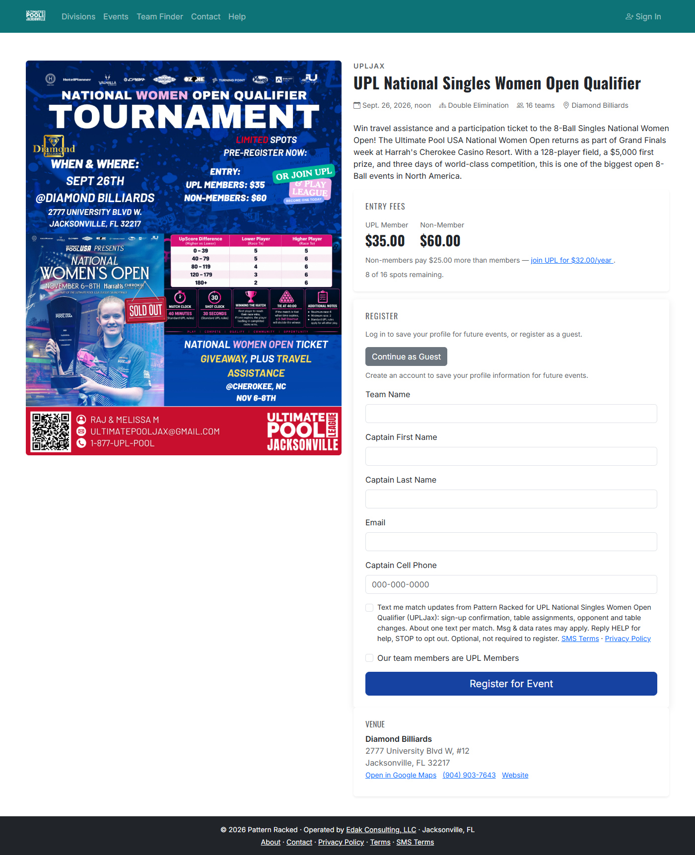 Team registration form with captain name, cell phone and an unchecked SMS opt-in box