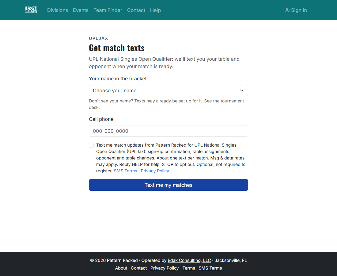 Get match texts page with a name picker, cell phone field and the SMS consent box